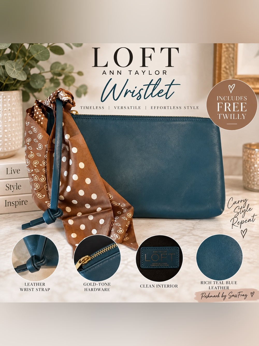 LOFT Dark Teal Blue Leather Wristlet Clutch + FREE Twilly Scarf